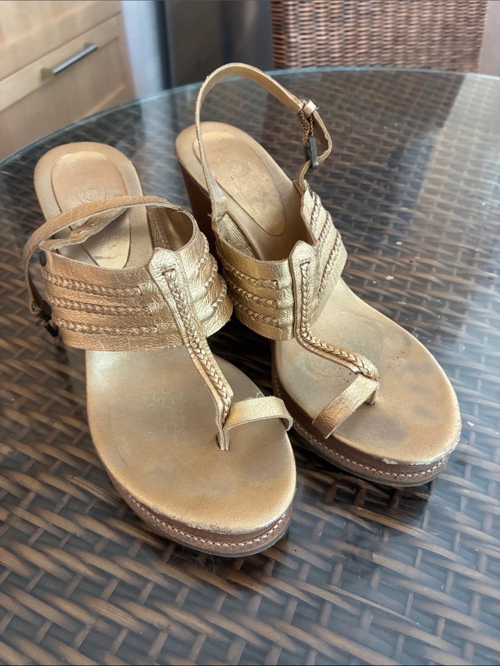 KORS Michael Kors Metallic Gold Braided Thong Wedge Sandals